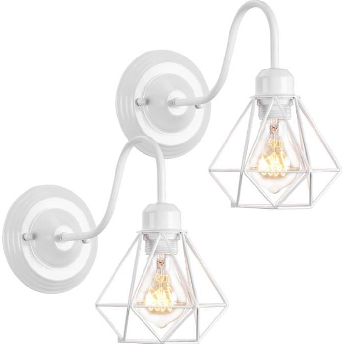 UNI Lot de 2 Applique Murale Intérieur Vintage Industrielle Luminaire Eclairage Noir Cage Diamant en Métal Blanc