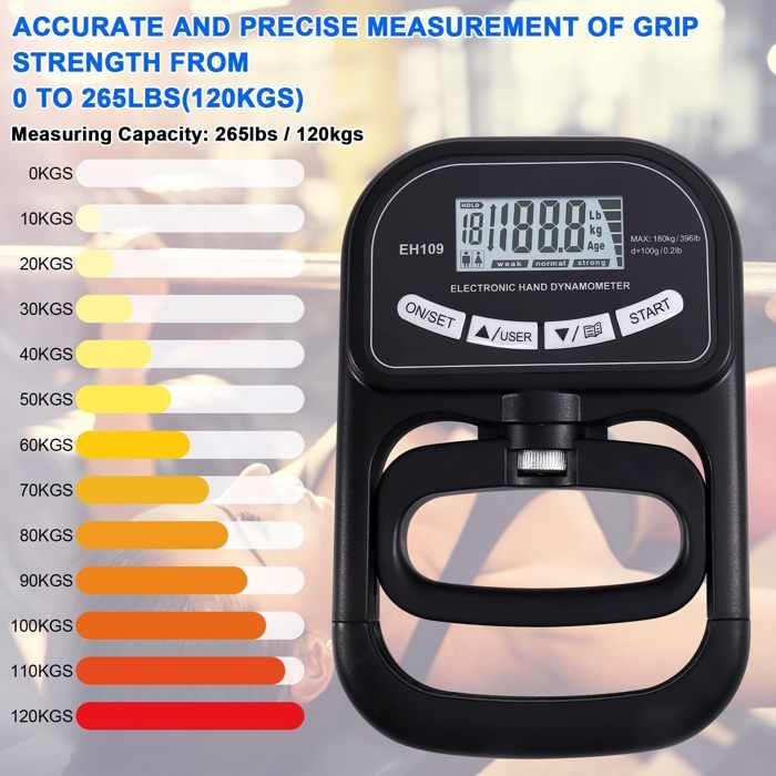 Dynamomètre Électronique Préhension 180 Kg - Inaepeak, Écran LCD, Rechargeable USB-C, Réglable, Test Force Main