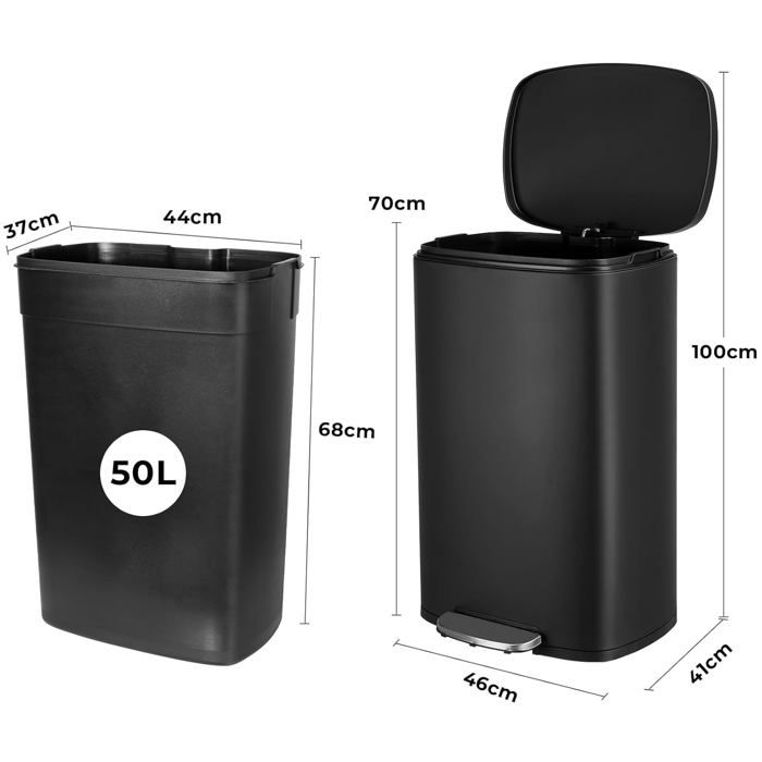 Poubelle Cuisine 50 Litres, Poubelle à Pédale En Acier Métal Avec Couvercle, Seaux Intérieurs Amovible Fermeture En Douceur (Argent