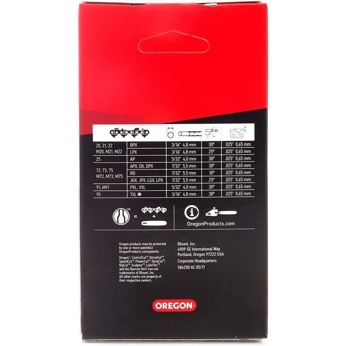Chaîne Tronçonneuse Oregon ControlCut 21BPX 72 Maillons - Pour Guide 45 Cm - Pas .325 Jauge 1.5mm + 3 Limes