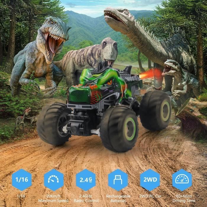 Voiture Télécommandée Dinosaure Enfant 2-6 Ans – LED Et Musique – Rechargeable USB – Cadeau Anniversaire