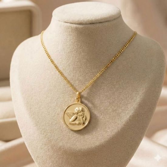 Collier Enfant Pendentif Médaille Ange Baptême - Or Jaune Vermeil 14 Carats - Neuf Avec étiquettes Et Boîte