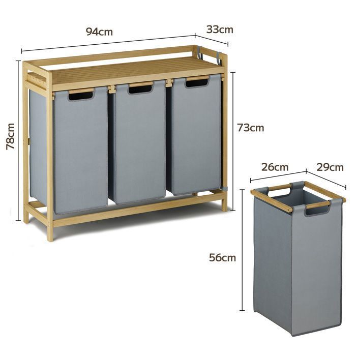 FIVMEN Panier à Linge 2 Compartiments 72L Avec Plateau Bambou - Tissu Oxford Beige, Poignées Robustes Pour Buanderie Et Salle De Bain