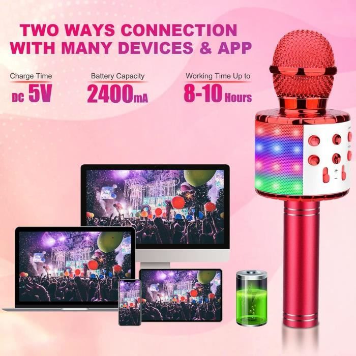 Microphone Karaoké Sans Fil Bluetooth Pour Enfant – LED, 5 Voix, Batterie 2600 MAh – Cadeau 4-12 Ans