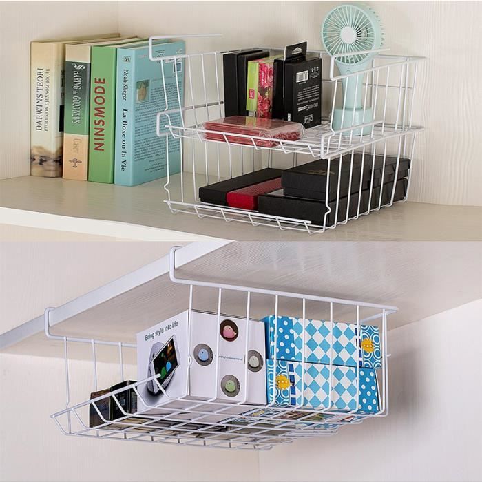 Lot De 2 Paniers De Rangement Suspendus Métal Blanc - Organisation Cuisine Et Bureau