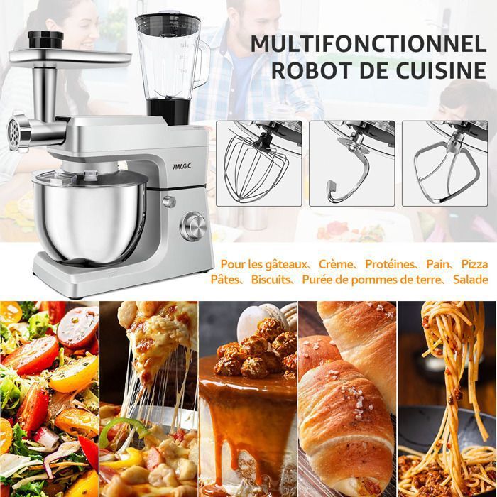 Robot Pâtissier 1000W Avec Bol Inox 5L - 10 Vitesses, Accessoires Inclus, Bruit Réduit <70 DB - Blanc Laiteux