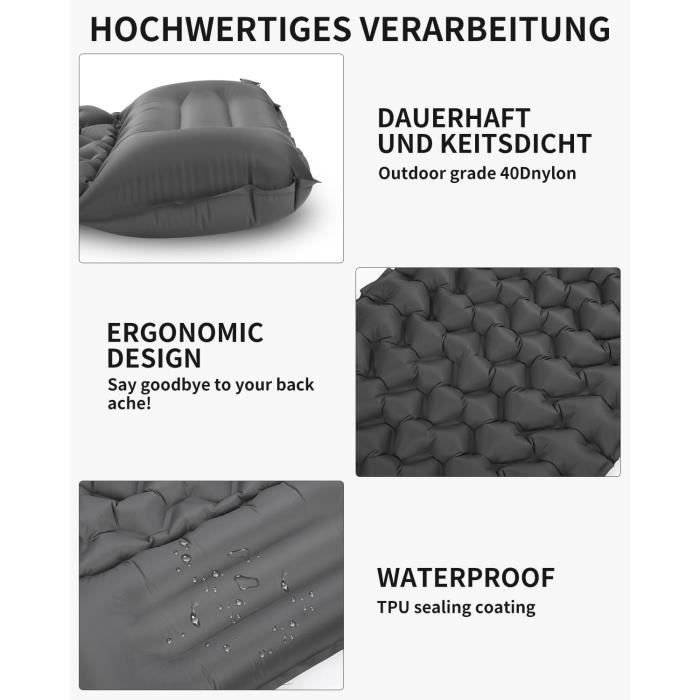 Matelas Gonflable Auto-gonflant Camping – 5 Cm D’épaisseur, Avec Oreiller Intégré – Idéal Rando Et Plage