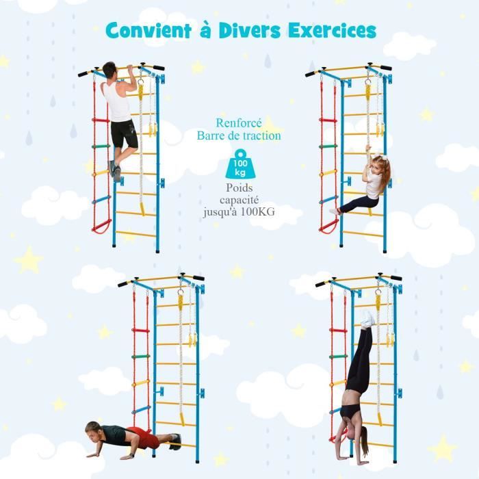 Échelle D'escalade Enfant 7 En 1 - Espalier Suédois Avec Corde, Barre De Traction, Anneaux - Dimensions 107x83x223 Cm - Charge Max 100 Kg