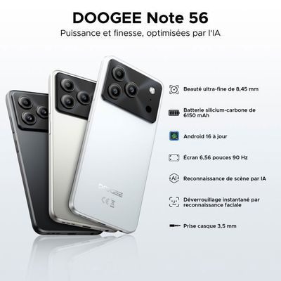 DOOGEE Note 56 Plus Mobile Phones, Android 16 Smartphone With Gemini AI, 48GB+256GB/2TB, 6150mAh Battery, 6.56" HD+ 90Hz Display, 50MP Camera, 4G Dual