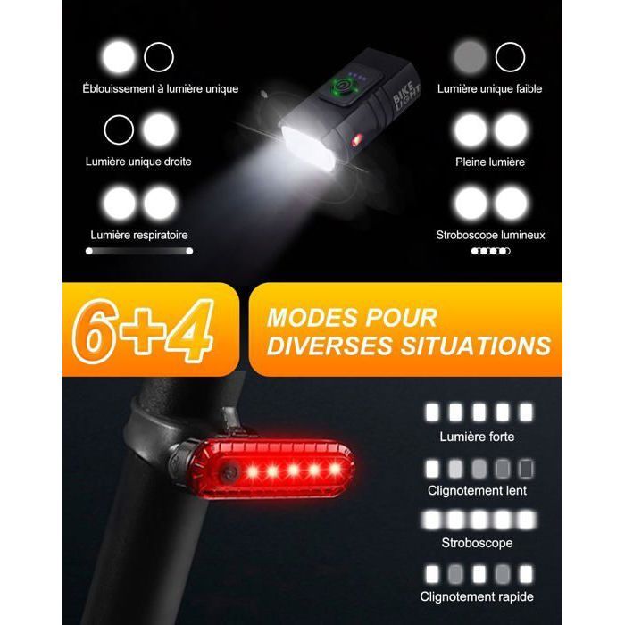 Lampe Vélo 1600 Lumens – Rechargeable USB, étanche IPX5, 6 Modes Avant + 4 Modes Arrière