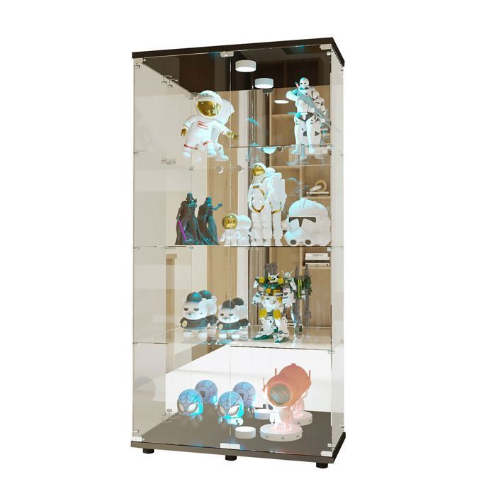 Vitrine en Verre Trempé à Trois Niveaux avec Porte et Éclairage, Noir