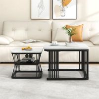 Lot de 2 table basse moderne table carré en PVC imitation marbre blanc pied de noir mat tubes d'acier 65x65x45 cm et 45x45x39,5cm