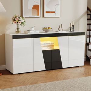Buffet de salon, 4 portes, un compartiment de rangement ouvert, avec éclairage LED, finition brillante, bloc-tiroirs moderne, blanc