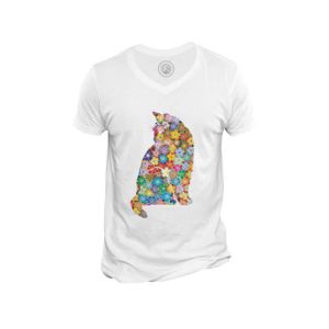 T-SHIRT T-shirt Homme Col V Jolie Illustration Art Chat Fait de Fleurs Multicolor