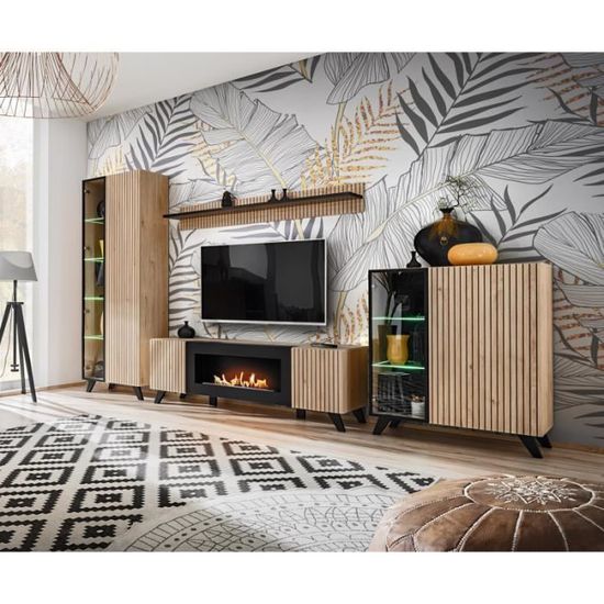 Meubles TV - Ensemble de 4 meubles pour salon "Liam" en bois avec cheminée - Beige/noir - Eclairage LED