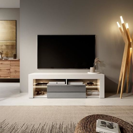 Meuble TV / Banc TV - BIANKO - 140 cm - blanc mat / gris brillant - avec LED - style moderne - tablette en verre