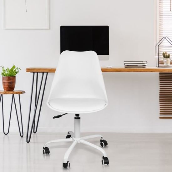 Chaise De Bureau Scandinave Blanc - Hauteur Réglable, Roulettes, 80kg Max