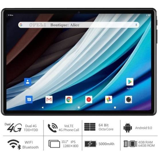 OLALI® Tablette Tactile 10 pouces- RAM 4Go+ ROM 64Go-Android 9.0-4G/WIFI,5000mAh,GPS,Pixel 5MP,Dual SIM-Netflix-GPS