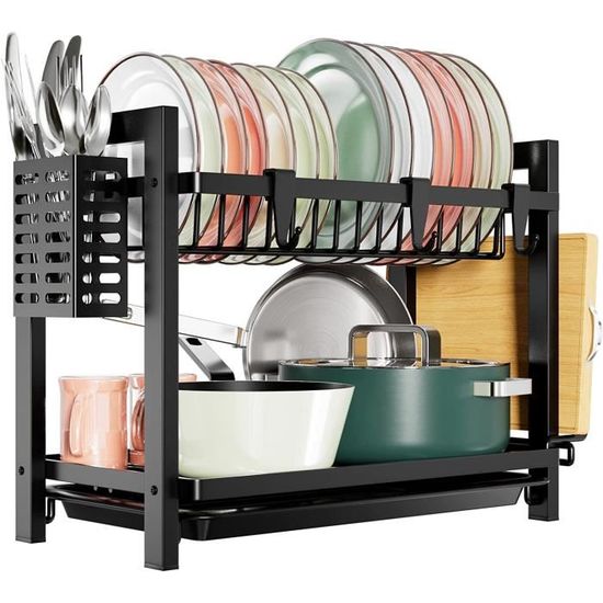 Égouttoir à Vaisselle MAISITOO 2 Niveaux - Inox Noir - 43,5 Cm Avec Plateau Et Accessoires