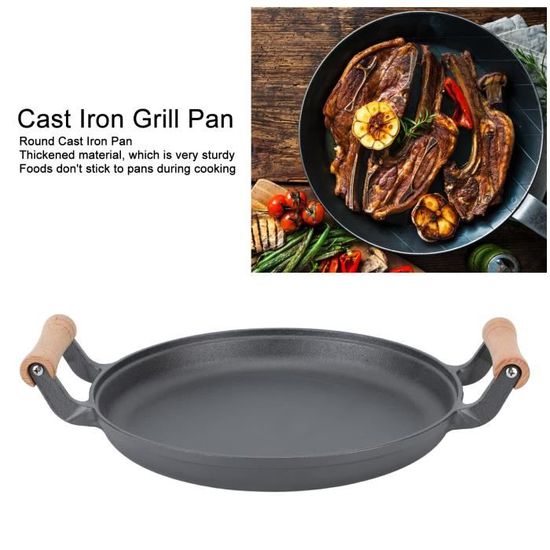 Poêle à Griller OlBuWa Fonte 28cm - Acier Carbone Anti-adhésif - Poignée Bois Pliable - Pour Steak Et Grillades