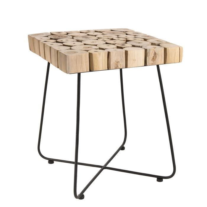 Table d'appoint carrée ethnique en bois teck massif naturel - Pieds scandi en métal - L 41 x l 41 cm