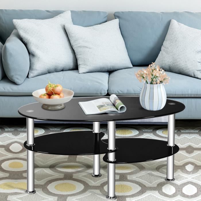 Table Basse en Verre Trempé Table de Salon avec 3 Etagères pour Salle, Salon, Chambre 90x50x45cm Noir