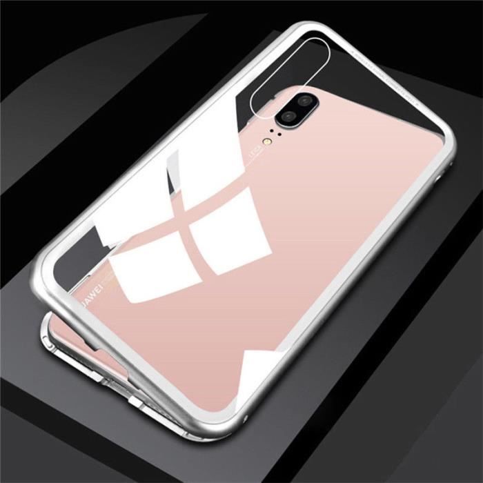 Coque Huawei P20 Arrière Verre Trempé Protecteur + métal magnétique Cadre Antichoc Hybride Etui Housse avec verre trempé Blanc
