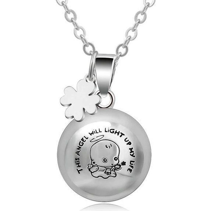 Bola de grossesse bébé ange avec trèfle à quatre feuilles * Longueur collier : 114 cm * Matière pendentif : Cuivre, plaqué argent