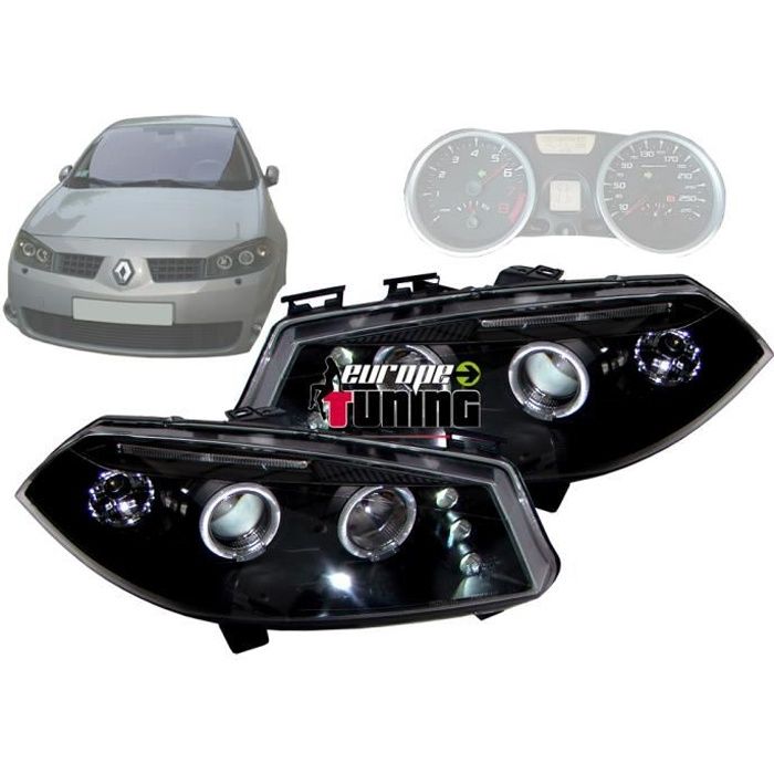 phares design, noir, règl. électr., anneaux MEGANE, 02-05 noir pour: Renault Megane II 02-05