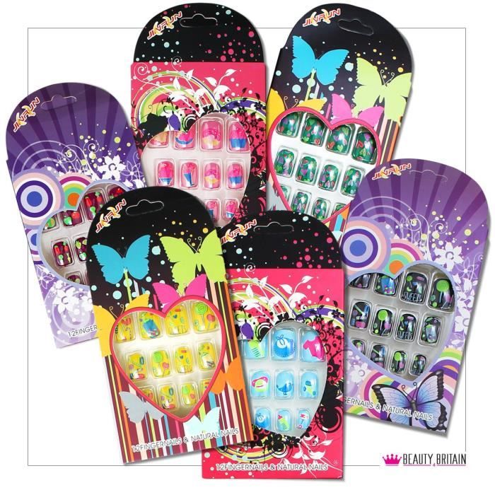 12 x ENSEMBLES FAUX ONGLES POUR LES ENFANTS PRÉ-COLLÉ EMBALLÉS INDIVIDUELLEMENT BEAUCOUP DE COULEURS DE CONCEPTIONS