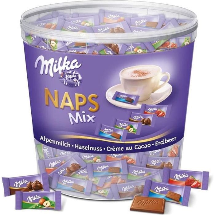 Milka Naps Mix - Assortiment de Chocolat au Lait du Pays Alpin : Chocolat au Lait, Crème Cacao, Noisettes, Fraise - Tubo d'1 kg
