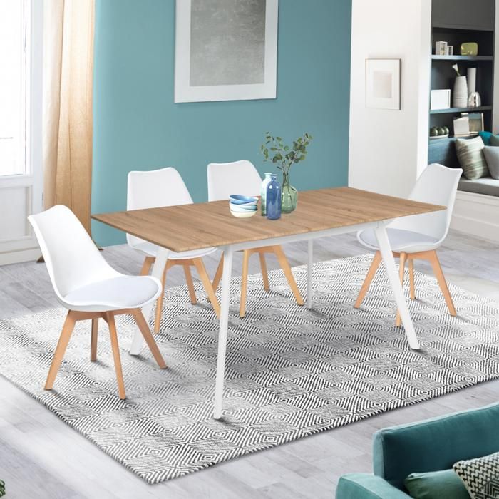 ID MARKET - Table scandinave extensible INGA 120-160 CM plateau bois pieds blancs