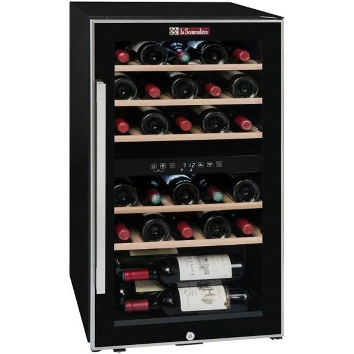 LA SOMMELIERE ECS30.2Z-Cave à vin de service porte vitrée-double zone-cadre noir et inox-29 bouteilles-5 clayettes bois