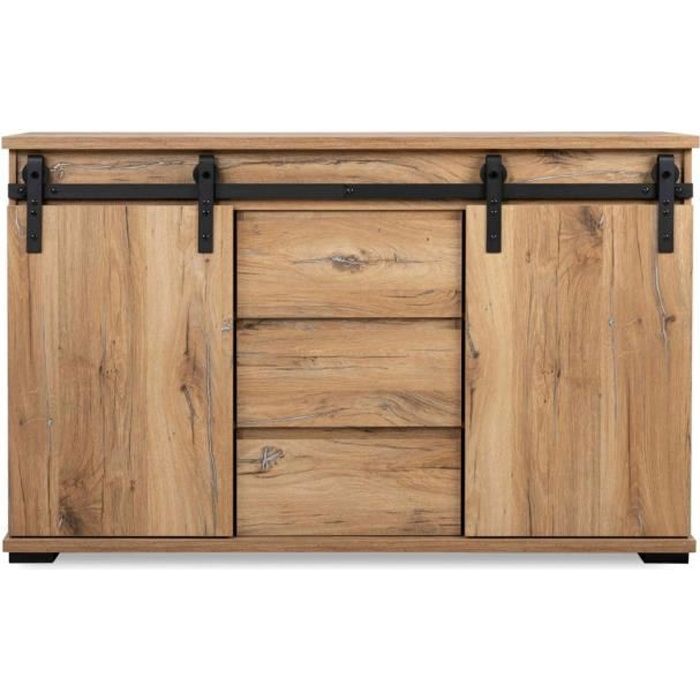 Commode 2 portes coulissantes 3 tiroirs imitation chêne - CO7076 - Bois naturel - Terre de Nuit