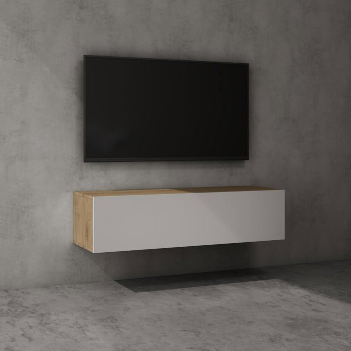 doporro Meuble TV Bas 120 cm Armoire TV Marron Clair + Blanc Mat Table de Télévision Salon avec 2 Portes Meuble TV Suspendu MBTV02