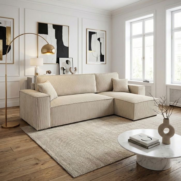Canapé dangle LISA convertible réversible coffre velours côtelé beige