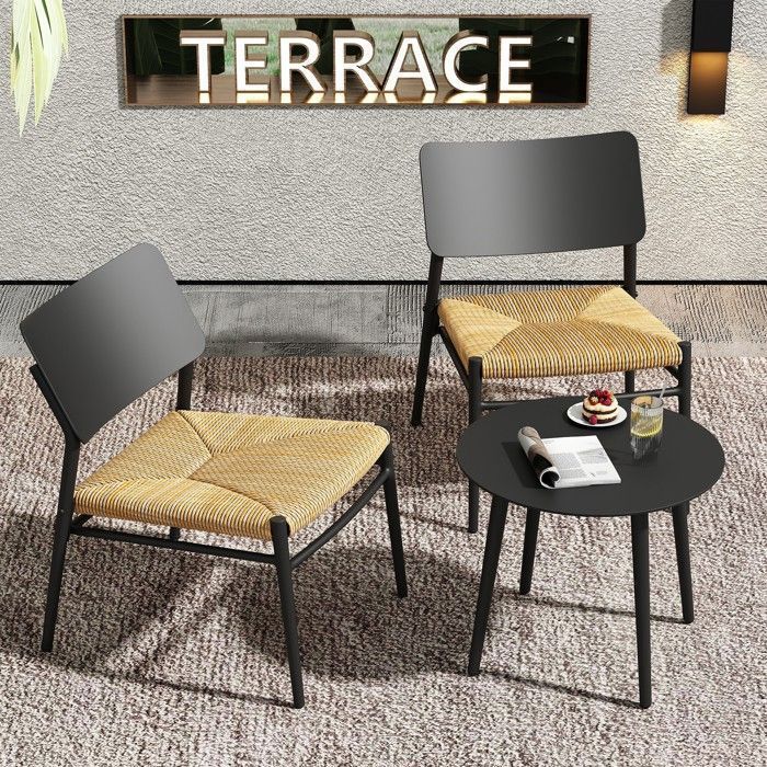 Set Table Et 2 Chaises De Jardin Rotin PE – Chaises Empilables, Table Avec étagère, Marron, Pour Balcon Ou Terrasse