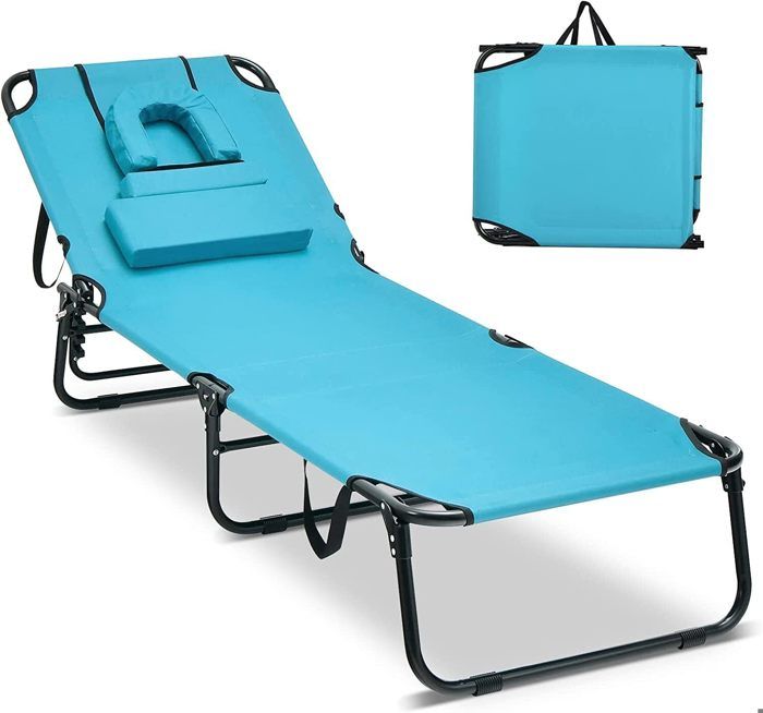 giantex chaise longue pliante réglable à 5 niveaux- transat bain de soleil- 3 oreillers amovibles+ trou pour visage-turquoise
