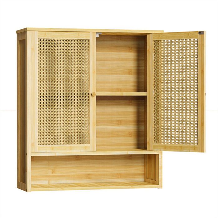 Armoire Murale de Salle de Bain - UNHO - 59x20.5x66.5cm - Bambou - Double Porte - Étagère Réglable