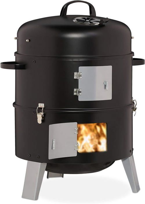 Barbecue Fumoir Multifonction 3 En 1 - Avec Thermomètre - Pour Fumé, Braisé, Grillé, 40 X 84 Cm - Noir