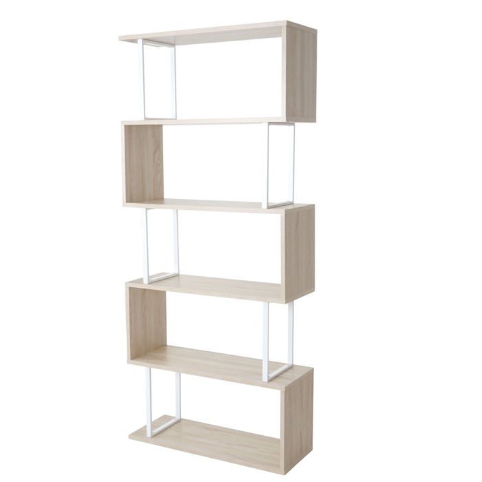 Bibliotheque etagere sur pied 183x80cm structure 3D 5 niveaux aspect chêne metal blanc 04_0001280 Bibliotheque etagere sur pied 183x80cm structure 3D 5 niveaux aspect chêne metal blanc 04_0001280