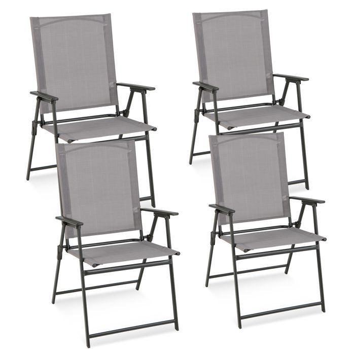 Giantex Lot de 4 Chaises de Jardin Pliantes à Dossier Haut--Fauteuil avec Accoudoir-Métal et Textilène-Charge Maximale 150 KG-Gris