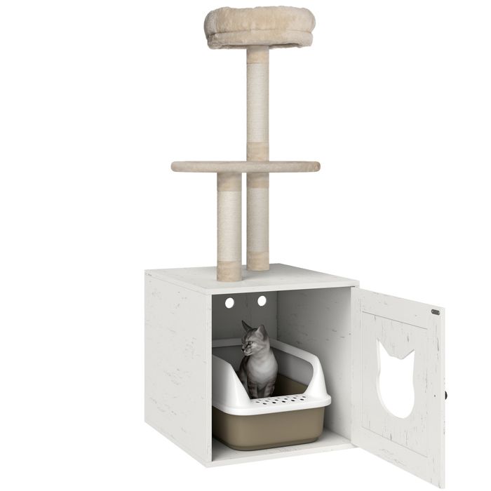 Meilleurs prix pour Arbre à chat avec maison de toilettes - PawHut - 2-en-1 - 129 cm - avec cache-litière, poteaux à griffer, lit - crème