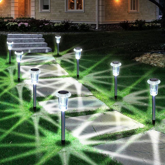 Lot de 10 lampes solaires extérieures inox et acrylique blanc pour jardin allée pelouse (8–10 h)