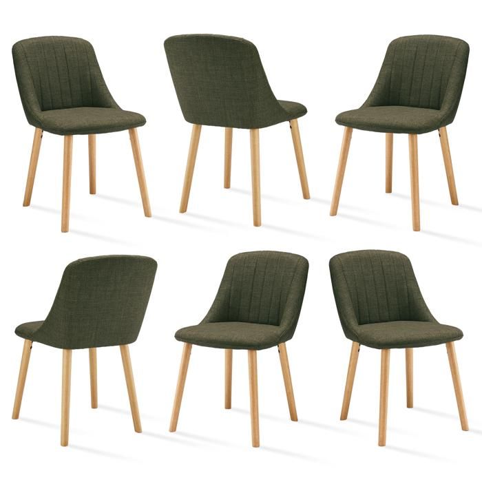 Goeurvant Chaises salle à manger chaise chambre confort naturel dossier ergonomique - Lot de 6 - Vert olive - Tissu lin