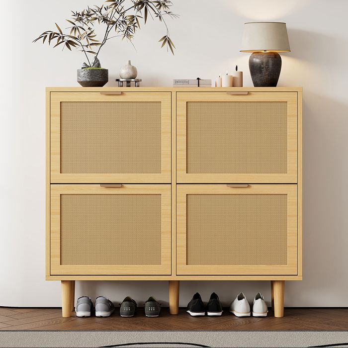 Meuble à chaussures en rotin 4 tiroirs Style cottage Pour couloir ou chambre Chêne clair 100×25×90 cm