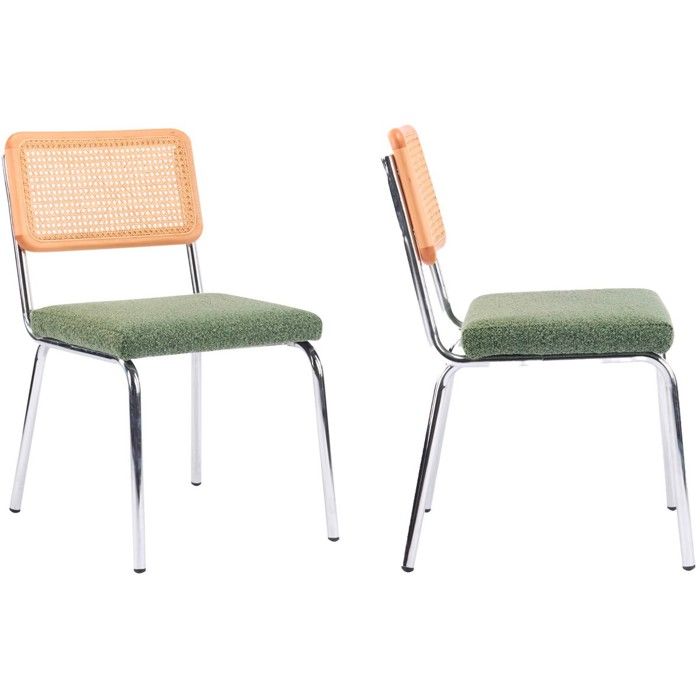 Lot de 2 chaises en métal chromé cannage naturel et tissu bouclé vert - Paula Lot de 2 chaises en métal chromé cannage naturel et tissu bouclé vert - Paula