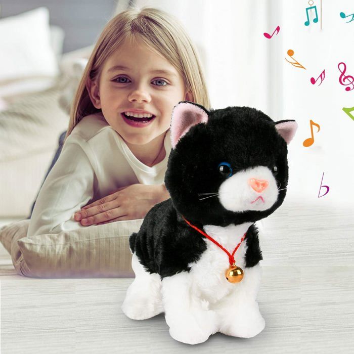 Peluche animal chat électronique avec 8 actions cadeau idéal pour les filles à partir de 3 ans (noir et blanc)