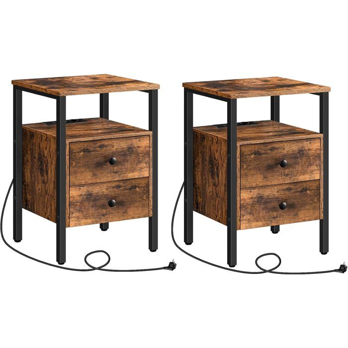 HOOBRO Tables de Chevet Lot de 2 avec Prises et Ports USB Tables d’Appoint avec Tiroirs et Étagères de Rangement Marron Rustique