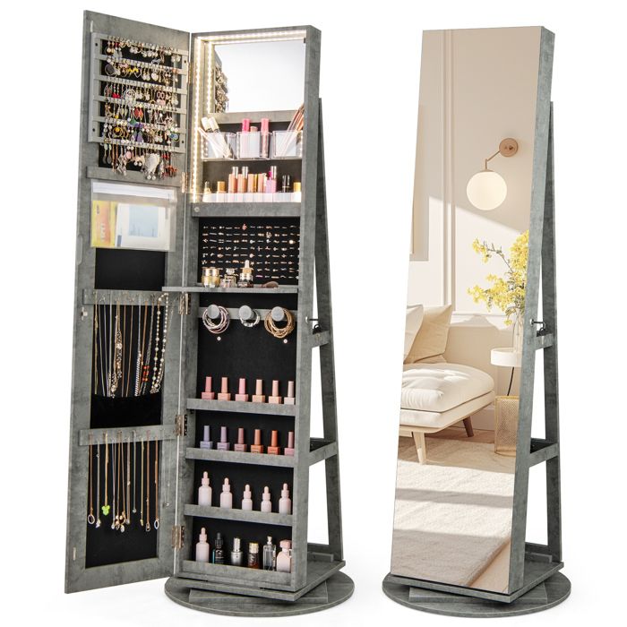 Armoire à Bijoux avec Miroir - RELAX4LIFE - 4 en 1 - Éclairage LED 3 Couleurs - Pivotante à 360°- 3 Étagères de Rangement - Vert